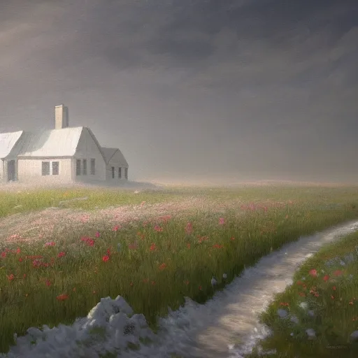 Image similar to a matte painting of a prairie, cottage close up, snow, foggy, patchy flowers, oil painting, pale colors, high detail, 8 k, wide angle, trending on artstation,