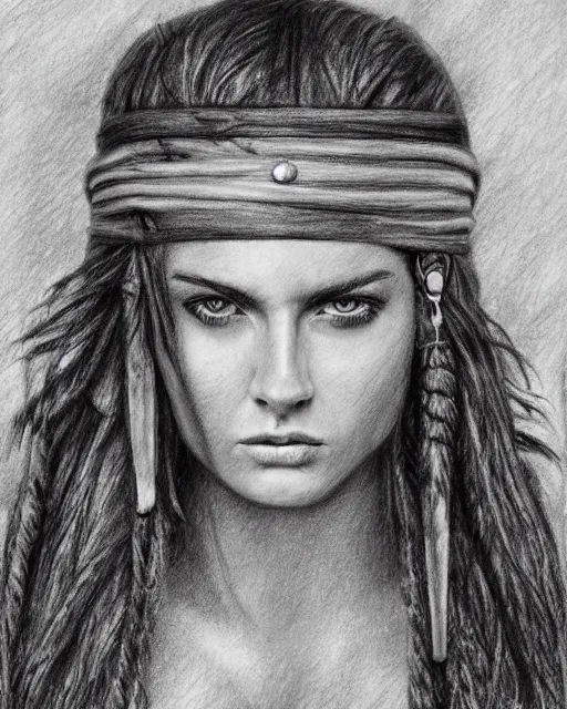 Prompt: A beautiful female warrior on a faded background of a pirate ship and a deserted island, realism pencil drawing on white paper, bald lines