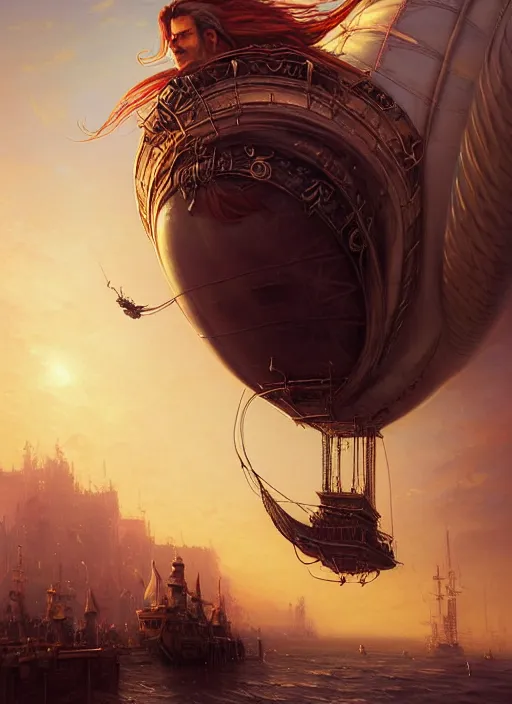 Prompt: portrait painting of a handsome face rugged long hair crimson hair male pirate, top half portrait soft hair steampunk ornate zeppelin blimp airship in the background sky sunset golden hour fantasy soft hair deviantart book cover art dramatic volumetric lighting art by stephan martiniere wlop greg rutkowski gaston bussiere