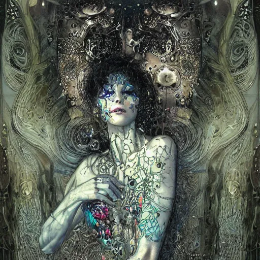 Image similar to cybernetic demon dreaming, lsd, circuitry, intricate detail, klimt, royo,