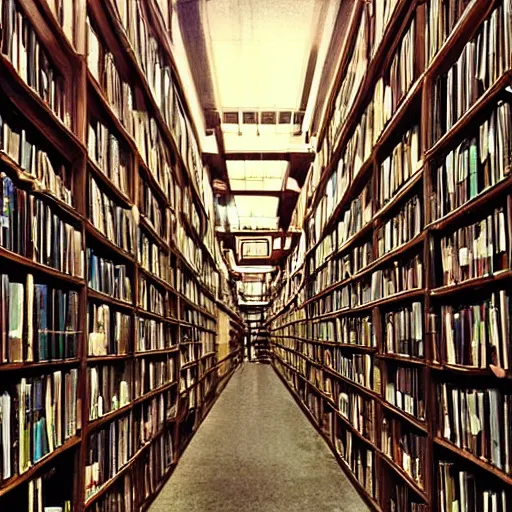 Prompt: “lost in a labyrinth that is Powell’s City of Books. Creepy liminal photo. Hyperrealistic, benchmark resolution photo”