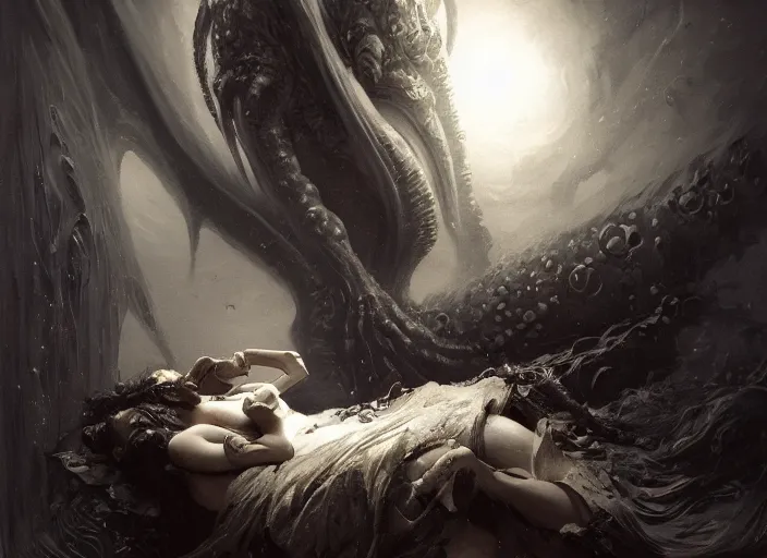 Image similar to my bed monochrome with a giant cthulhu eyes in the dark by gaston bussiere, anna nikonova aka newmilky, greg rutkowski, yoji shinkawa, yoshitaka amano, tsutomu nihei, moebius, donato giancola, geoffroy thoorens, trending on artstation, featured on pixiv, cinematic composition