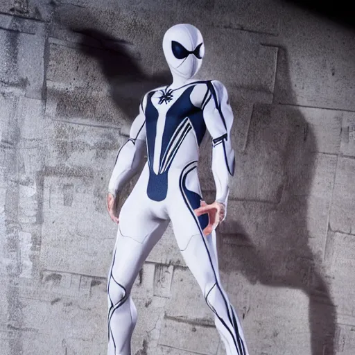 Image similar to white spider - man suit with black web lining, cinematic, volumetric lighting, realistic, hyperdetailed, photorealistic, photograph