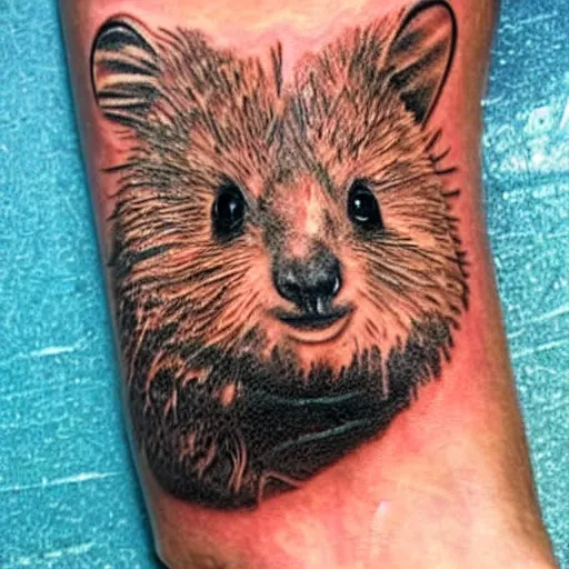 Image similar to a realistic tattoo of a quokka riding a bicycle