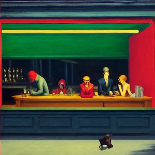 Prompt: “ nighthawks by edward hopper, but with dogs in the cafe.