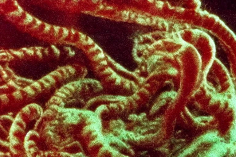 Image similar to scary filmic closeup color ground level angle movie still 35mm film color photograph of a shape shifting abstract alien organism from The Thing 1982 spewing swirling slimey tendrils inside of a child's bedroom, in the style of a horror film