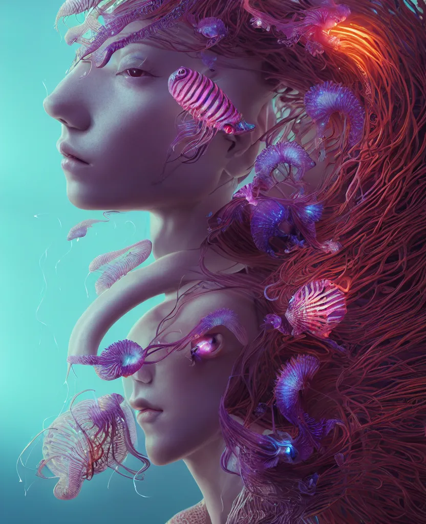 Image similar to goddess close-up portrait. orchid jellyfish phoenix head, nautilus, skull, betta fish, bioluminiscent creatures, intricate artwork by Tooth Wu and wlop and beeple. octane render, trending on artstation, greg rutkowski very coherent symmetrical artwork. cinematic, hyper realism, high detail, octane render, 8k