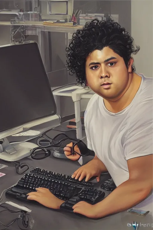 Image similar to painting of a young chubby mexican man with curly hair sitting at his work desk with an incredibly fancy mechanical keyboard, by artgerm and yoshitaka amano, trending on artstation