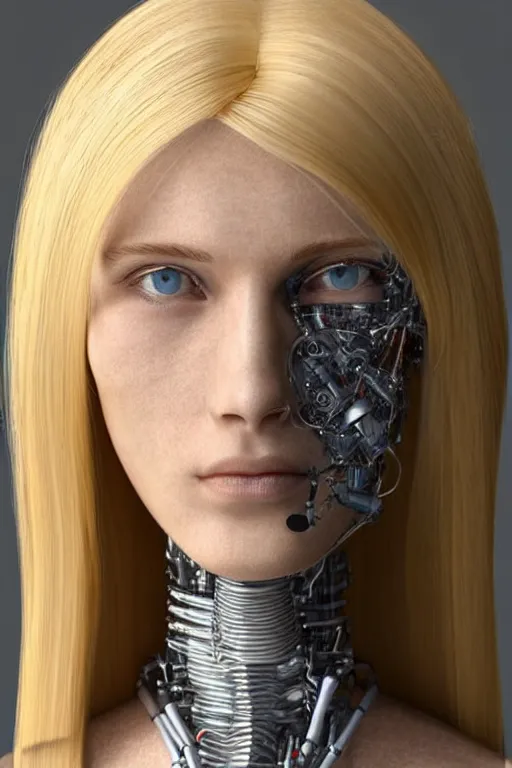 Image similar to robot with human face, female head, full body angle, woman human face, human face realistic, beautiful blonde hair, human head, human head with blonde hair, blonde hair human head, blonde hair, human realistic face, human head skin, cyborg frame concept, cyborg by ales-kotnik, sci-fi android female, the body is made of wires, robotic body, cyborg body, cyborg bust body, robot body cyborg, full body