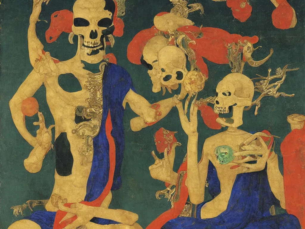 Image similar to Portrait of a Buddhist dancing deity with skull. Lapis Lazuli, malachite, cinnabar, gold. Painting by Piero della Francesca, Balthus, Agnes Pelton