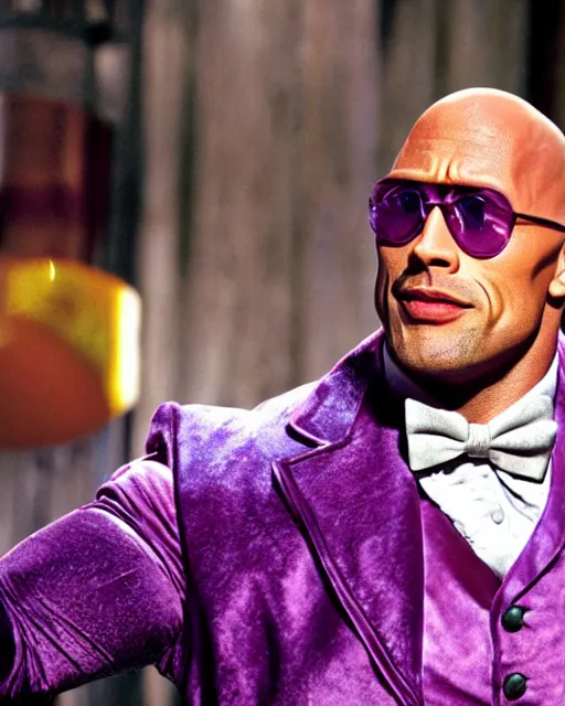 Image similar to Film still close-up shot of Dwayne Johnson as Willy Wonka from the movie Willy Wonka & The Chocolate Factory. Photographic, photography