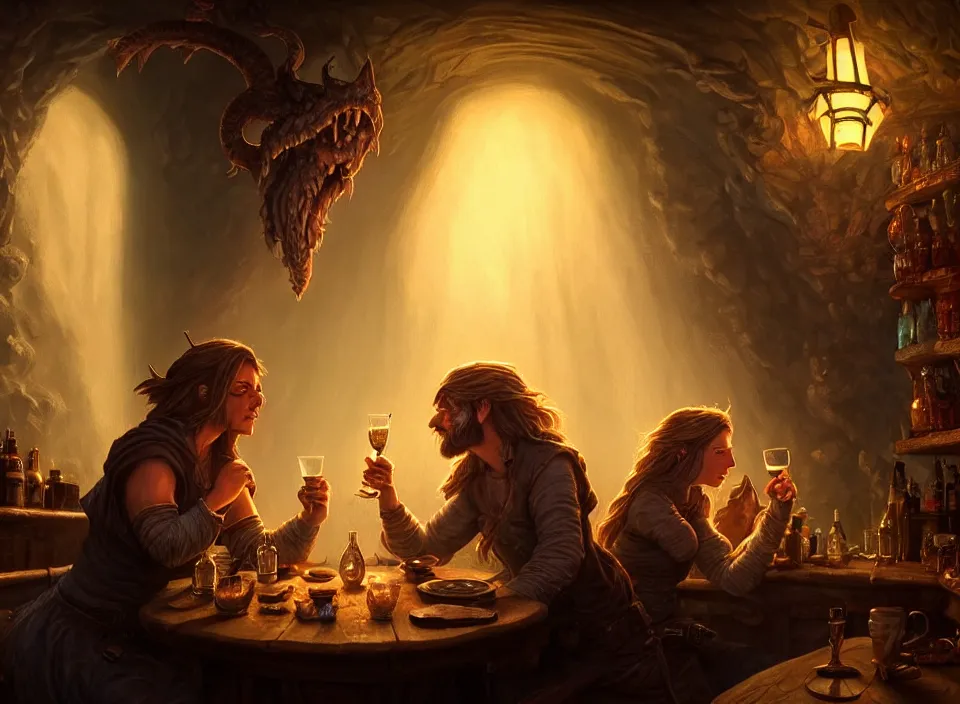 Prompt: a beautiful adventuring drinking couple, dimly-lit cozy tavern, relaxed pose, fantasy art, detailed painterly digital art style by Greg Hildebrandt, d&d vibe, 🍸, 8k octane beautifully detailed render, post-processing, extremely hyperdetailed, intricate, epic composition, grim yet sparkling atmosphere, cinematic lighting + masterpiece, trending on artstation, very detailed, vibrant colors