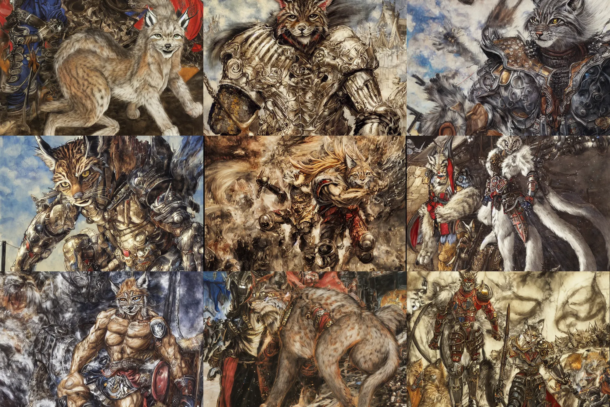 Image similar to 8k Yoshitaka Amano painting of upper body of a young cool looking lynx beast-man with white mane at a medieval market at windy day. Depth of field. He is wearing complex fantasy armors. He has huge paws. Renaissance style lighting.