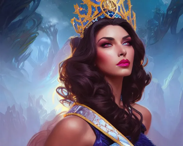 Prompt: lizkatz as miss universe, 8 k, deep focus, d & d, fantasy, intricate, elegant, highly detailed, digital painting, artstation, concept art, matte, sharp focus, illustration, hearthstone, art by artgerm and greg rutkowski and alphonse mucha