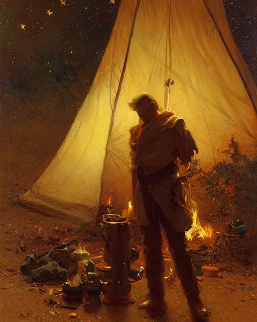 Image similar to very very attractive man counts the stars from beside the fire, his tent is nearby, melancholy, nostalgia, painting by gaston bussiere, craig mullins, j. c. leyendecker