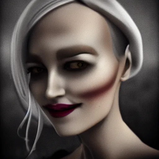 Image similar to A foreboding selfie taken by a woman with an eerie piercing smile, with a dark, spooky background, in a gloomy and foreboding style, trending on artstation, artstationHD, artstationHQ, photorealistic imagery, 3D art, 4k, 8k