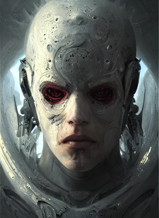 Image similar to portrait of futuristic demon cyborg, painted with thick brush strokes, matte painting, modern fine art, fractal, intricate, elegant, highly detailed, subsurface scattering, by jheronimus bosch and greg rutkowski,