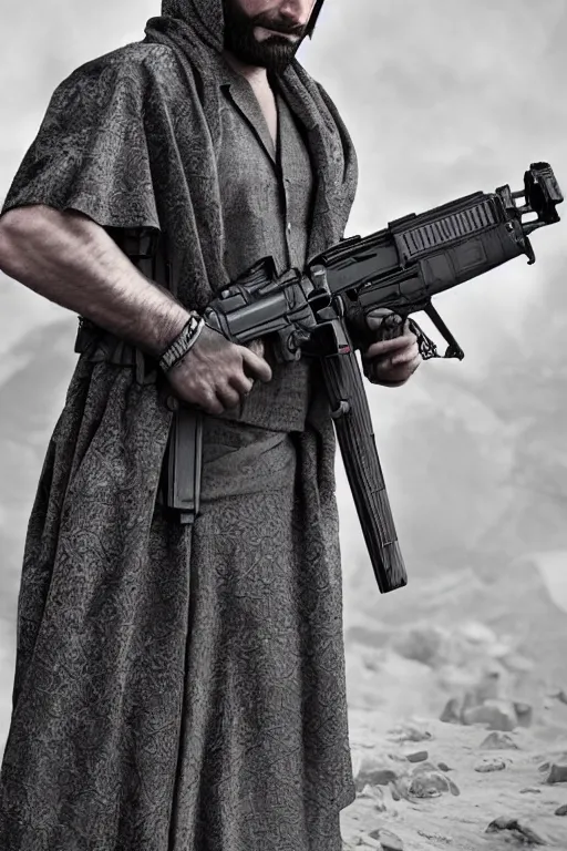 Prompt: detailed conceptual photography / handsome bruce wayne wear taliban suit with sandals because important mission in pakistan / dramatically / detailed character / masterpiece / intricate / sharp focus / smooth / rendered / center of interest