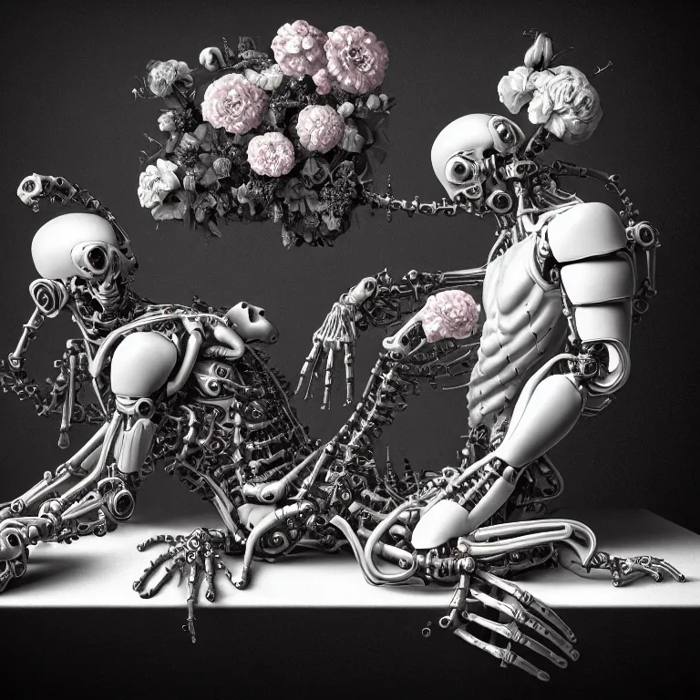 Image similar to still life of two biomechanical cyborg male lovers laying on a table, pastel flowers on a table, surreal alien ribbed pastel fruit, white human spine, baroque painting, beautiful detailed intricate insanely detailed octane render trending on Artstation, 8K artistic photography, photorealistic, chiaroscuro, Raphael, Caravaggio beautiful BW monochrome