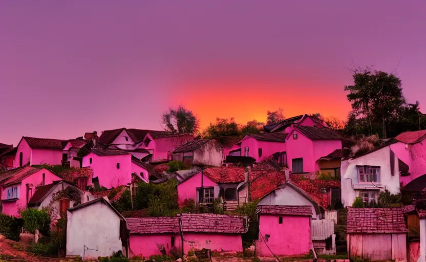 Prompt: village, houses with faces, sunset atmosphere, pink, low contrast, light, naive, detailed, cinematic