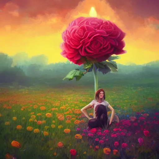 Image similar to giant rose flower head, full body girl sitting in a flower field, surreal photography, sunrise, dramatic light, impressionist painting, colorful clouds, digital painting, artstation, simon stalenhag