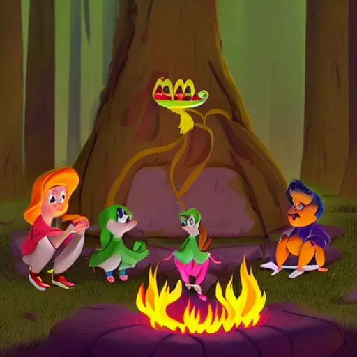 Image similar to full body portrait of Esmerelda (Tiny Toons (1990)) sitting around a campfire telling stories with her friends, in style Goro Fujita, 3D, UE5, ultra high textures, dark vignette, burning embers, nostalgic, muted colors, desaturated, volumetric, slightly drunk, candy rush, autochrome, tranquil, starry night, marshmallows, s'mores, highly detailed, busy, 4K, 8K, HQ