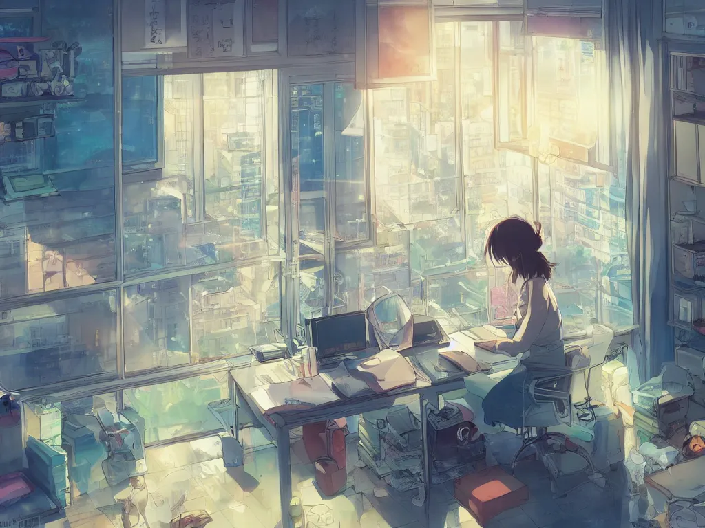 Prompt: beautiful illustration of one female in her small studio apartment sitting at her computer desk which is in front of a window which looks out to a futuristic city at night, japan, anime manga style, aesthetic, scene from the movie'your name'makoto shinkai