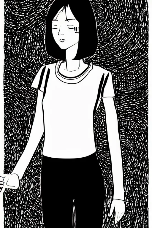 Image similar to portrait of a girl in long pants and a top, hands in pockets, eyes closed, bob haircut, digital art, black and white, illustration by junji ito