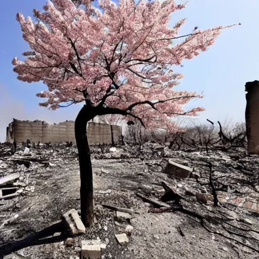 Image similar to a sakura tree in the desolation of the burning ruins around it