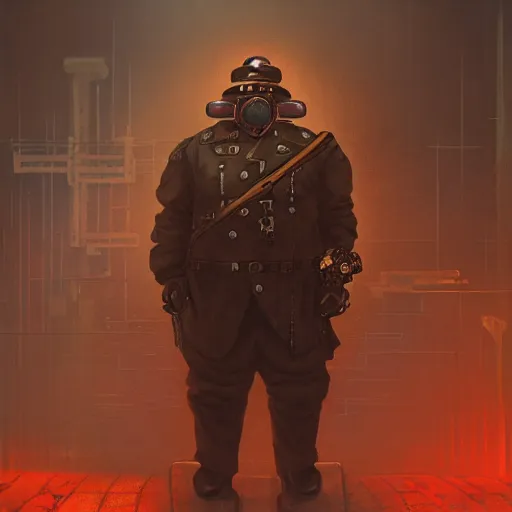 Prompt: steampunk cyberpunk fat soviet policeman, fog, darkness, evil, magic the gathering artwork, D&D, fantasy, cinematic lighting, centered, symmetrical, highly detailed, digital painting, artstation, concept art, smooth, sharp focus, illustration, volumetric lighting, epic Composition, 8k, art by Akihiko Yoshida and Greg Rutkowski and Craig Mullins, oil painting, cgsociety