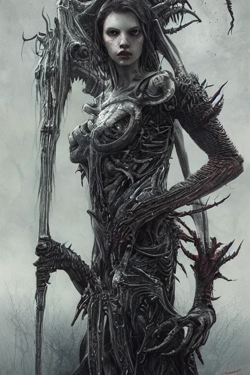 Image similar to portrait of hannah murray by hr giger, greg rutkowski, luis royo and wayne barlowe as a diablo, resident evil, dark souls, bloodborne monster