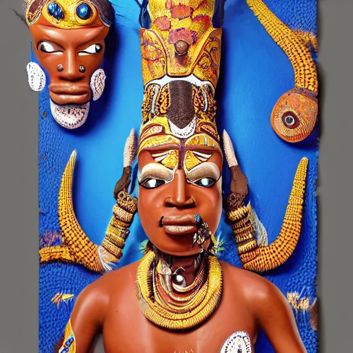 Image similar to A elegba eshu the yoruba god with cambodian goddess dress with cowrie shells for eyes dancing in the lake, blue color themed, insanely detailed and intricate, face painted, golden ratio, hypermaximalist, elegant, ornate, luxury, elite, James jean, Brian froud, ross tran, realistic 3D, hyper realistic, super detailed, realistic octane render, 8K, fashion photography