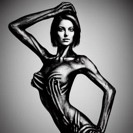 Image similar to full body photograph of a beautiful woman in the style of H.R. Giger