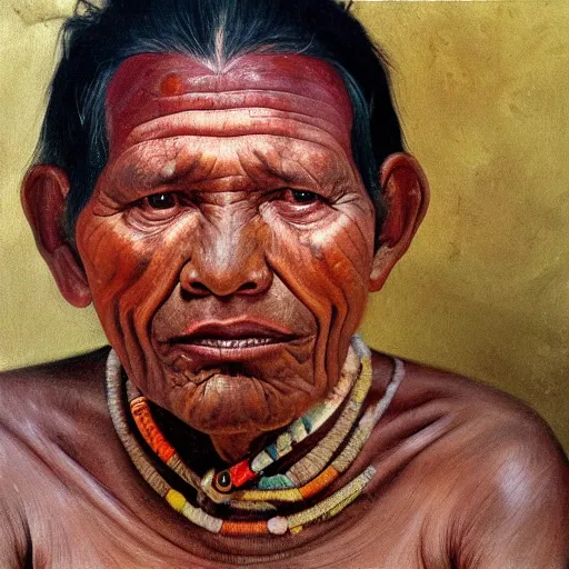 Image similar to high quality high detail painting by lucian freud, hd, full body of a indigenous tribe leader, muted pink color, photorealistic lighting