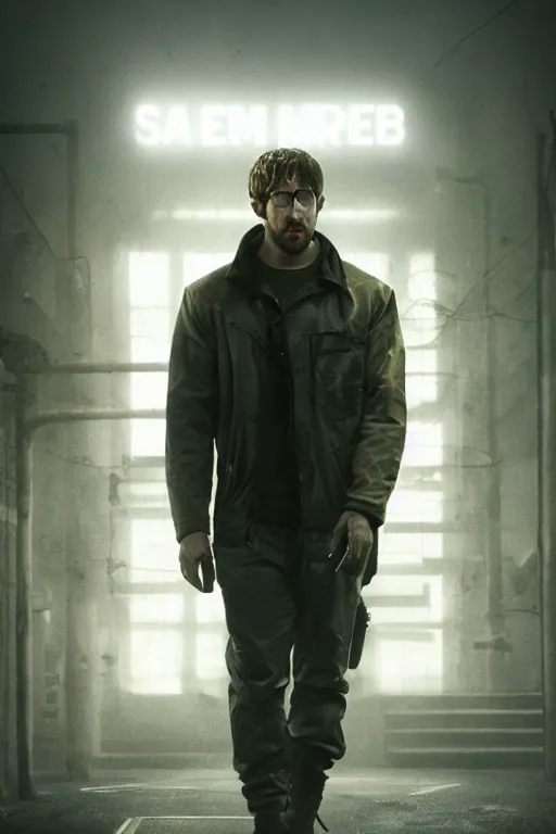 Image similar to Sam Hyde in Blade Runner 2049, sigma male, rule of thirds, award winning photo, unreal engine, dominating, studio lighting, set in cyberpunk street