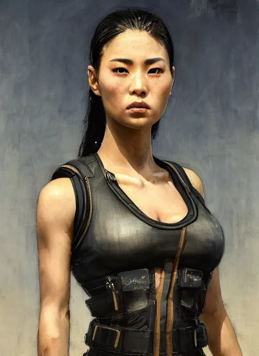 Image similar to Makate. dangerous beautiful cyberpunk female Asian USN marine wearing a military vest and military jumpsuit (cyberpunk 2077, bladerunner 2049). gorgeous face. Iranian orientalist portrait by john william waterhouse and Edwin Longsden Long and Theodore Ralli and Nasreddine Dinet, oil on canvas. Cinematic, hyper realism, realistic proportions, dramatic lighting, high detail 4k