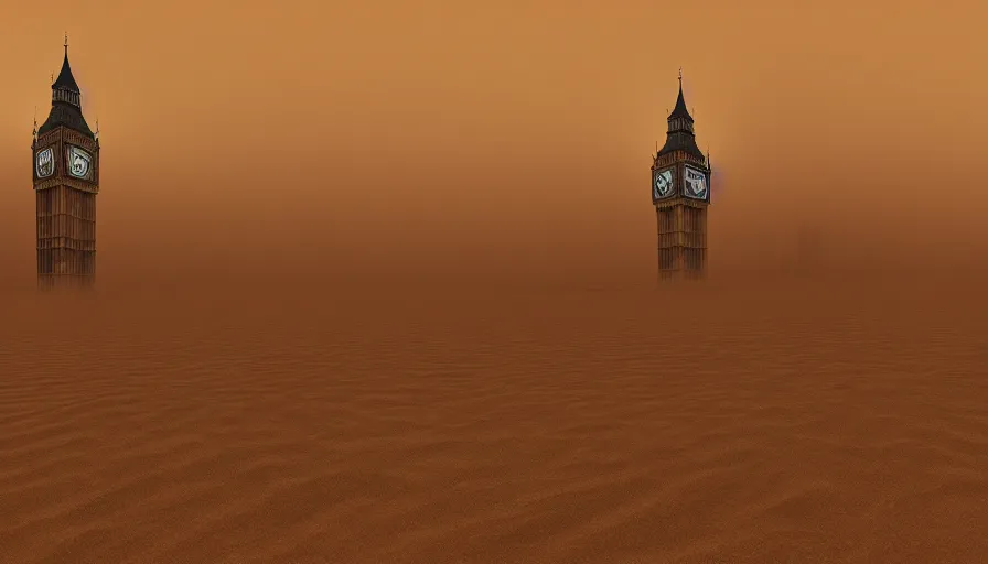 Image similar to london's big ben in mad max, tons of sand, sandstorm, sand dunes, hyperdetailed, artstation, cgsociety, 8 k