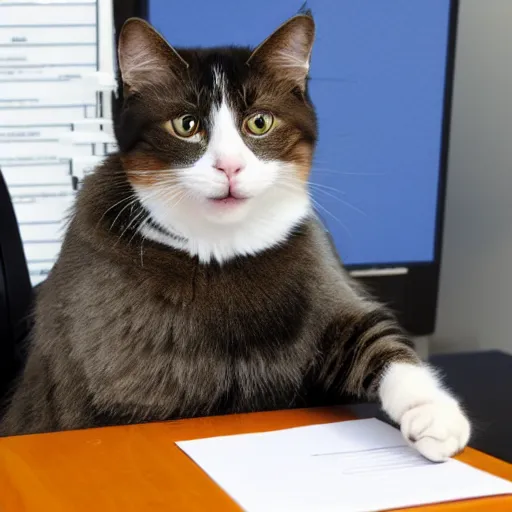 Prompt: cat applying for a job in an office