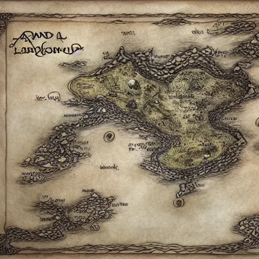 Image similar to simple fantasy map, the land of Odrua, several continents arranged in an arc, world of Lute, by JRR Tolkien and Brian Froud, fantasy map dungeons and dragons, trending on art station, oceans, continents