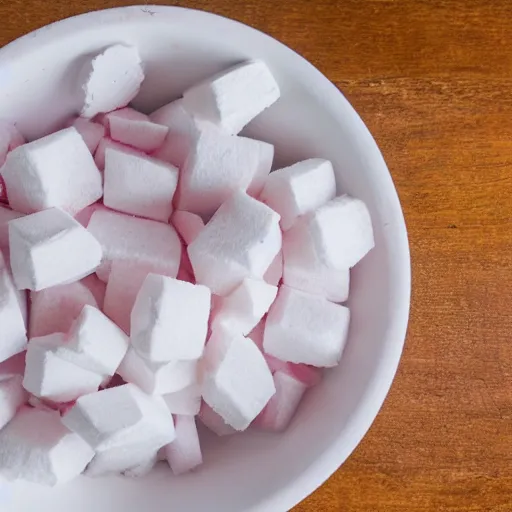 Image similar to white pink unjustifiable food chunks in styrofoam bowl,