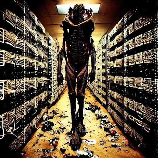 Image similar to “ugly filthy gross fleshy raw meat insectoid cybernetic mummy horse standing in a filthy dirty small server room filled with garbage and networking cables. David Cronenberg. Body horror style. 35mm.”