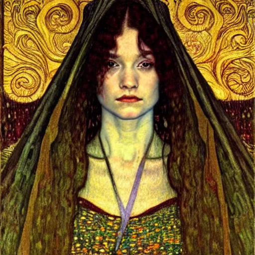 Image similar to detailed realistic beautiful young medieval queen face portrait by jean delville, gustav klimt and vincent van gogh, art nouveau, symbolist, visionary, gothic, pre - raphaelite