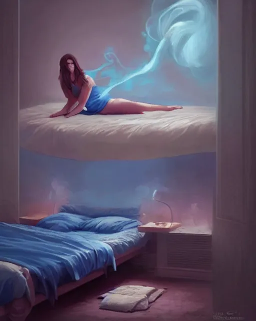 Prompt: a woman floating abover her bed at night, astral projection, blue smoke! surreal concept art, lifelike, photorealistic, digital painting, aesthetic, smooth, sharp focus, artstation hd, artgerm and by greg rutkowski, bruce pennington, valentina remenar, rhads, asher duran,