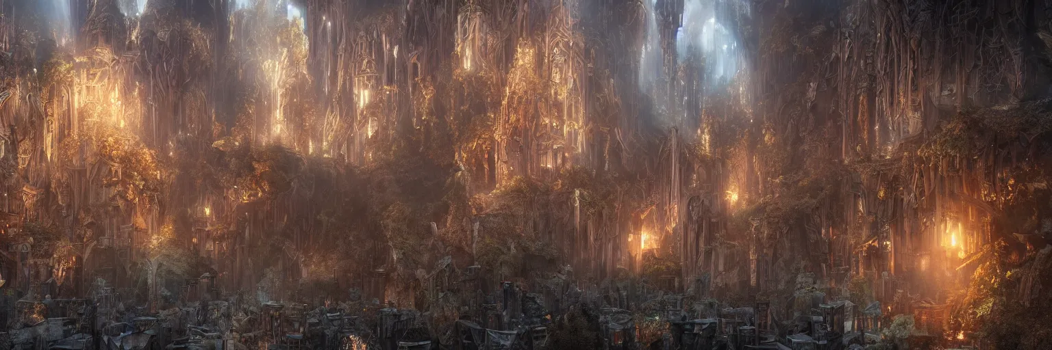 Image similar to ,inside a magical ethereal elven city, highly detailed, 4k, HDR, award-winning, artstation, octane render