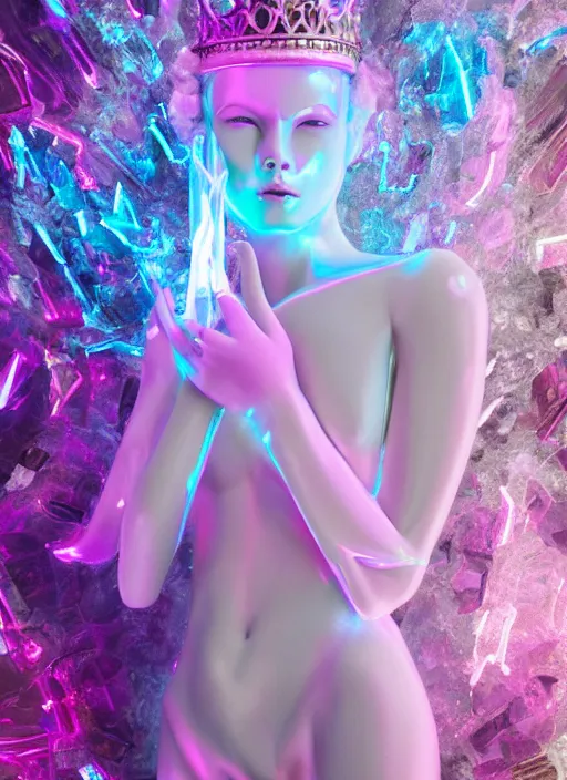 Image similar to photo of fullbodied baroque and bladerunner delicate neon diamond sculpture of seductive onyx albino marble prince kai harvatz dotado pink iridescent skull psychedelic, reclining, glowing magenta face, crown of white diamonds, cinematic lighting, photorealistic, octane render 8 k depth of field 3 d