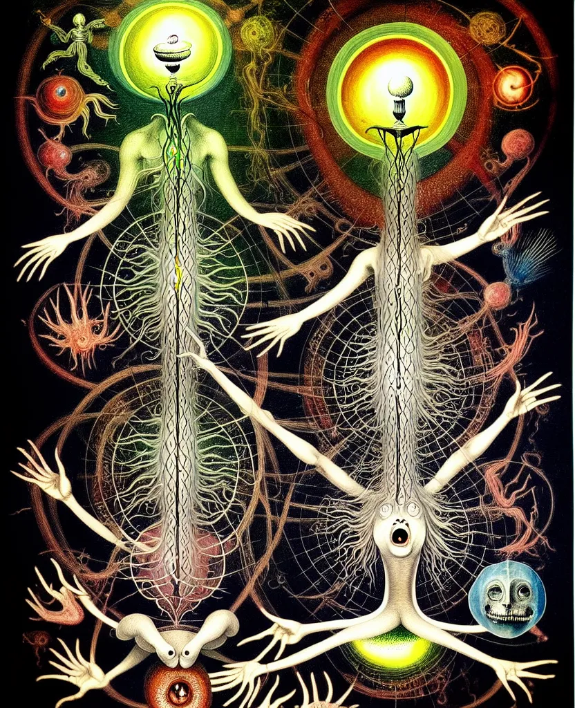 Image similar to whimsical freaky creature sings a unique canto about'as above so below'being ignited by the spirit of haeckel and robert fludd, breakthrough is iminent, glory be to the magic within, painted by ronny khalil