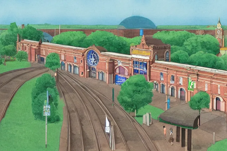 Image similar to Shrewsbury Railway Station in the style of Roger Dean