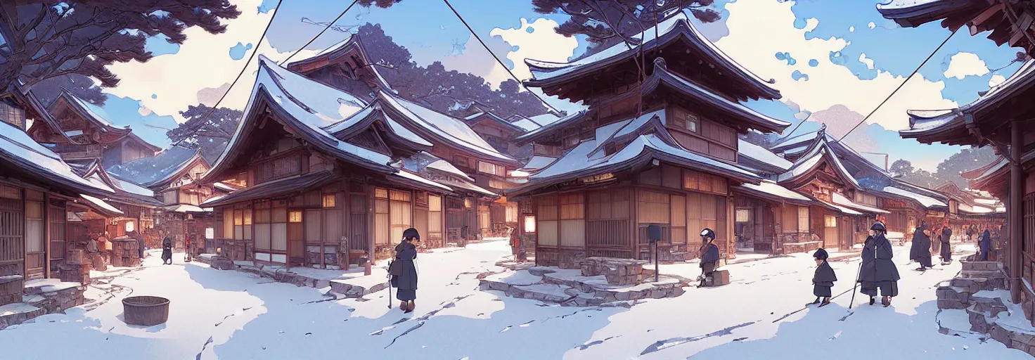 Image similar to japanese rural town, winter, in the style of studio ghibli, j. c. leyendecker, greg rutkowski, artem