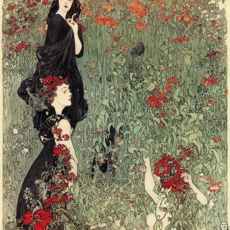 Prompt: Woman standing in a black dress, black and red lips and white hair, she is standing in a garden with flowers and birds Anton Pieck,Jean Delville, Amano,Yves Tanguy, Alphonse Mucha, Ernst Haeckel, Edward Robert Hughes,Stanisław Szukalski and Roger Dean