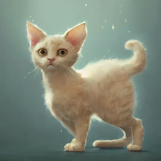 Prompt: a painting of a cute light beige kitten. brown ears. brown face. brown legs. brown tail. white paws. big eyes. character design by cory loftis, fenghua zhong, ryohei hase, ismail inceoglu and ruan jia. volumetric light, detailed, rendered in octane